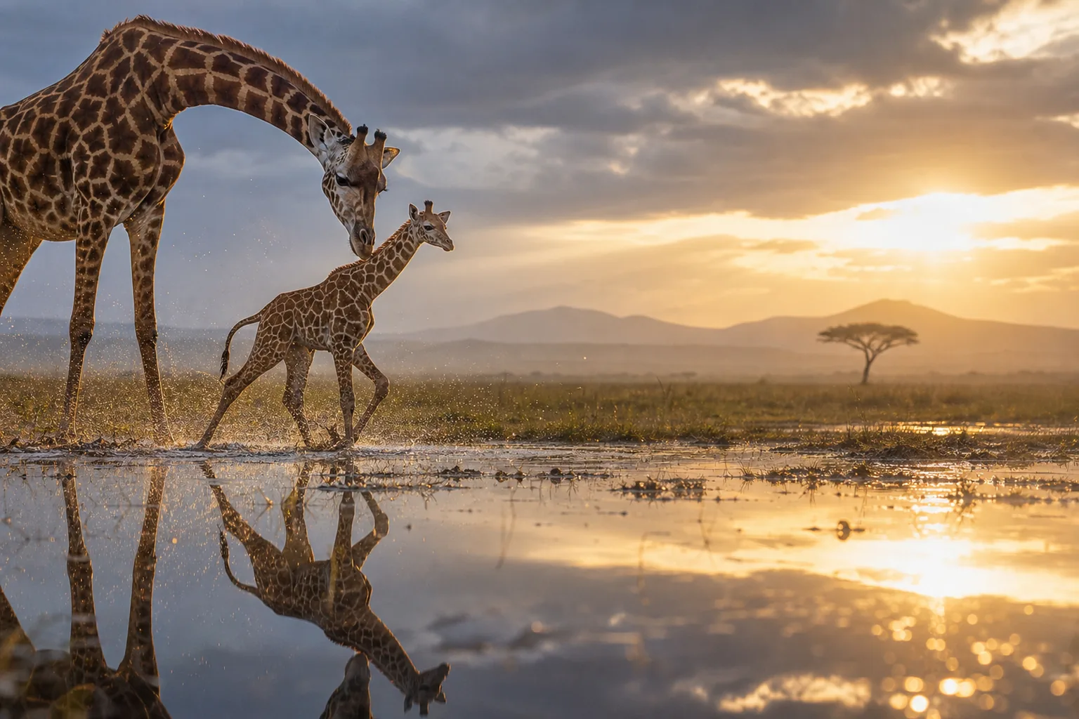 A mother giraffe and her calf in a green landscape after rain.