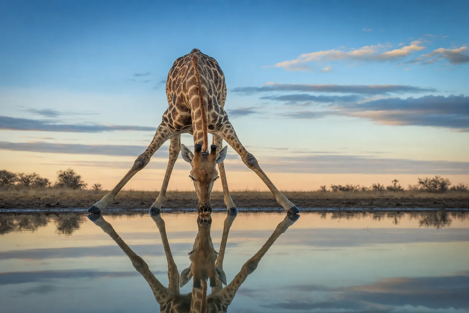 A giraffe drinking from still water, reflected in its surface.