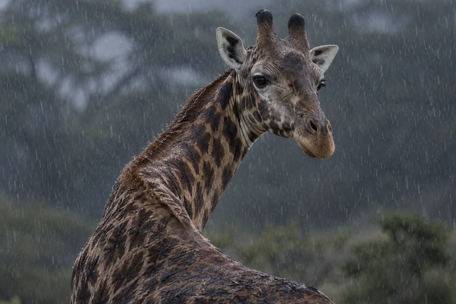 Editorial illustration: AI-generated illustration of rain falling around a giraffe’s dark shoulder