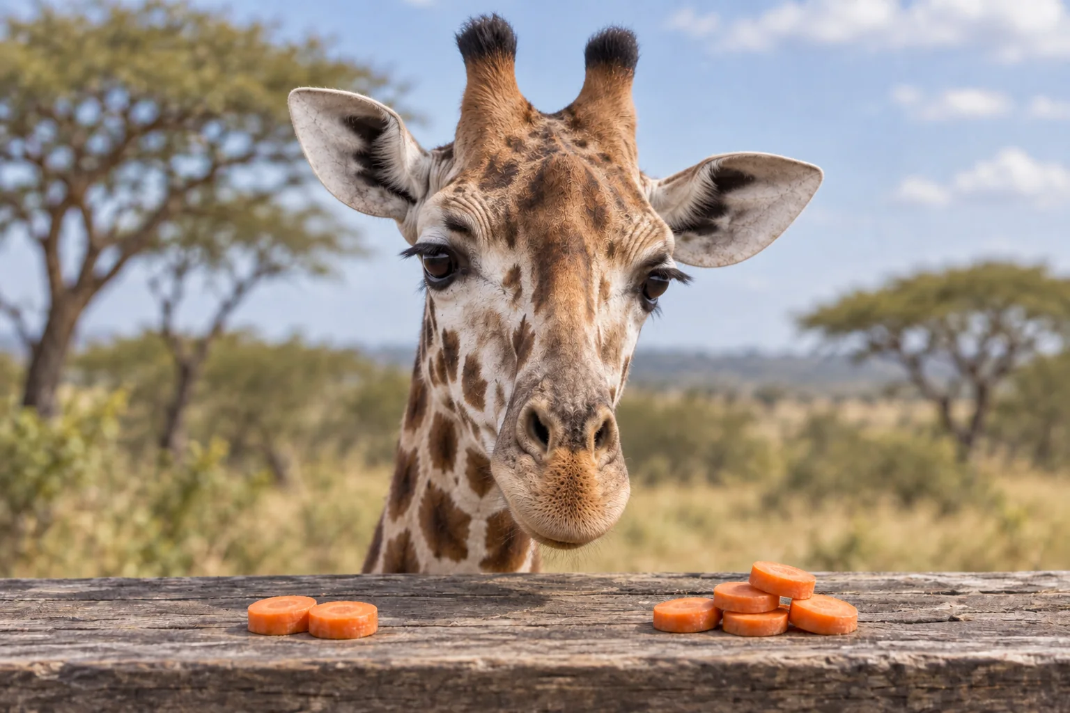AI illustration of a giraffe looking at two small piles of carrot pieces on a wooden ledge. This is a food-choice metaphor, not the study apparatus.