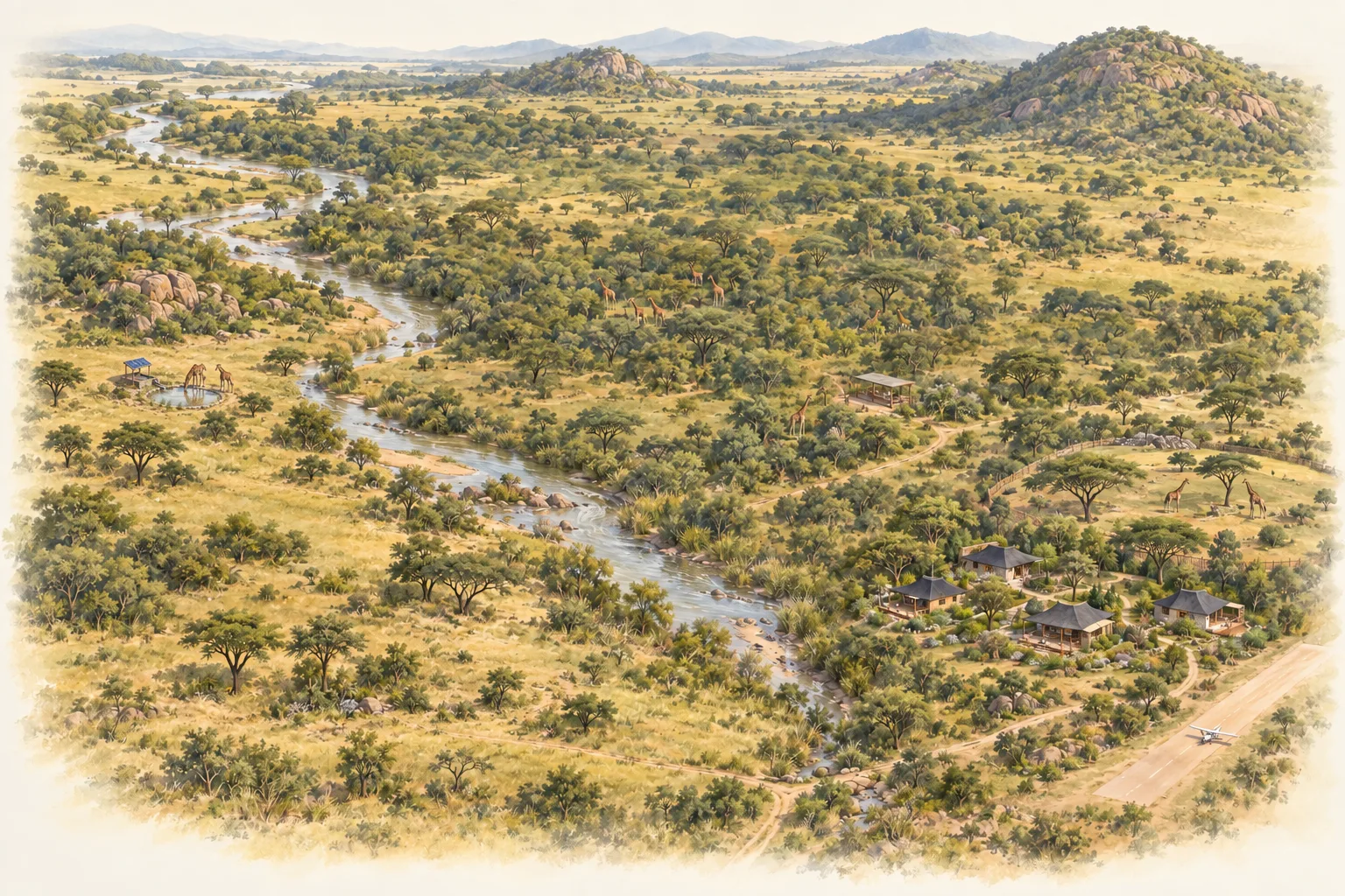 A painted acacia landscape with a protected reserve, an inland water point, a health station, a quiet sanctuary, and a lodge and airstrip at the edge.