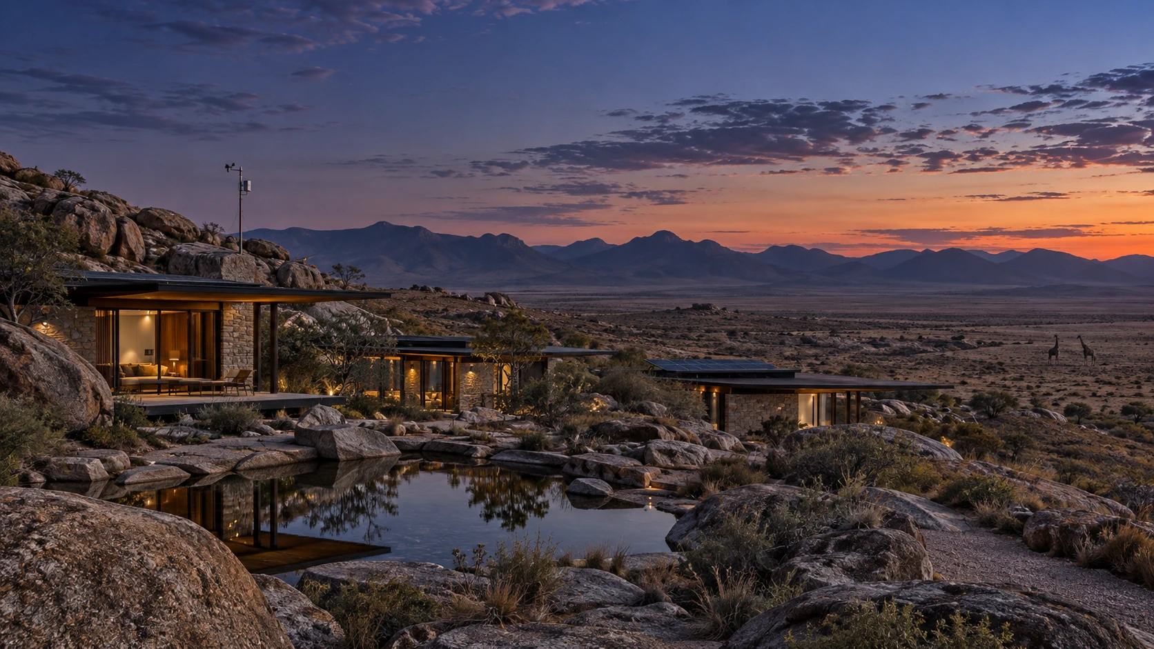 Low-rise luxury lodge suites among granite outcrops, overlooking an open landscape at dusk.